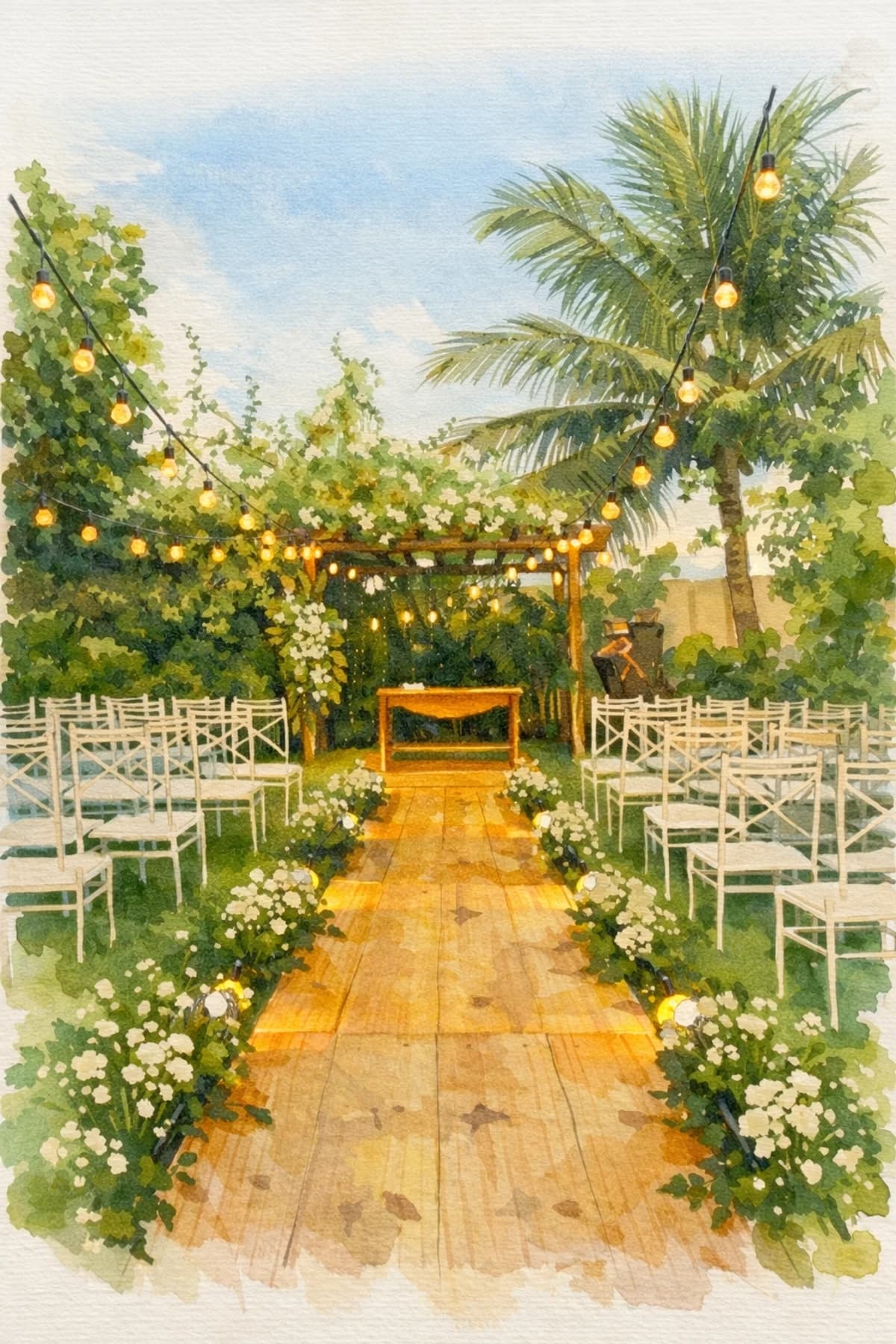 Aquarela do altar e do corredor da cerimônia no Alamanda's Buffet